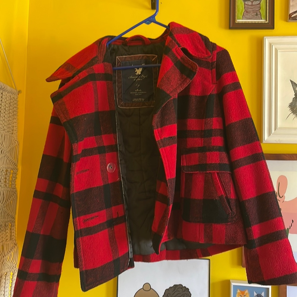 American Eagle red plaid cropped pea coat